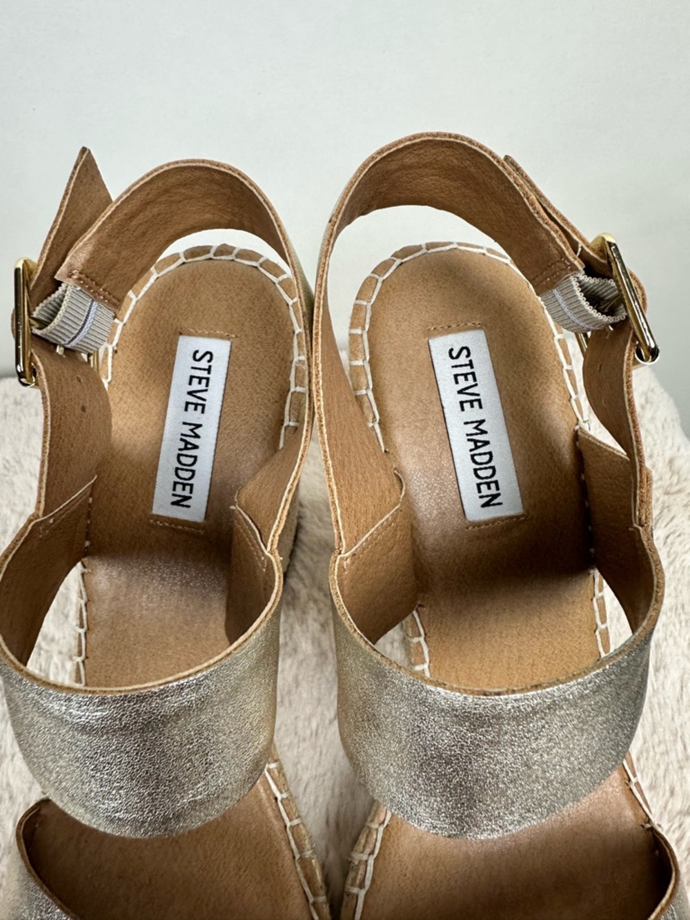 Steve Madden Gold Espadrille Wedge Sandals Leather Platform Ankle Strap Size 10 - Picture 10 of 13